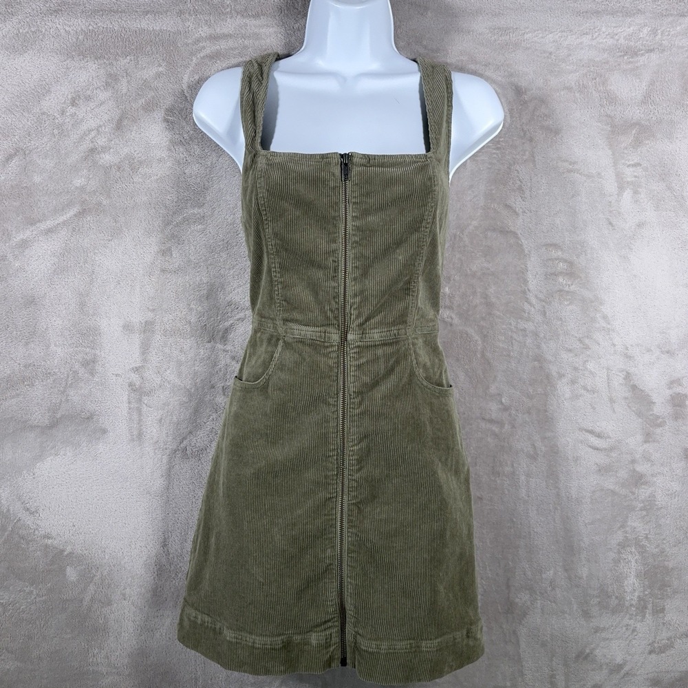 Alice + Olivia Renita Corduroy Mini Dress Womens 4 Sage Green Zip Front Pinafore - Picture 2 of 11